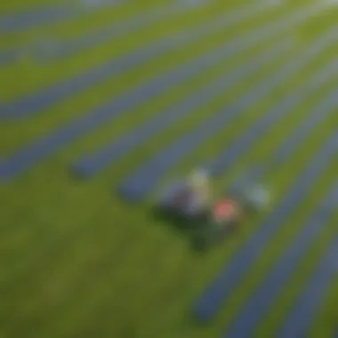 Aerial shot highlighting sustainable agricultural practices with solar panels and green fields.