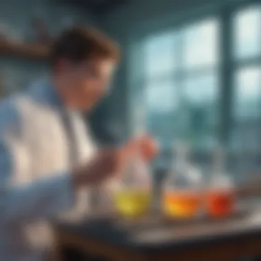 Animated depiction of a chemical reaction taking place in a science lab