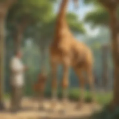 Zookeeper interacting with giraffe in a zoo enclosure