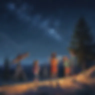 Children stargazing with telescopes under a clear night sky filled with stars.