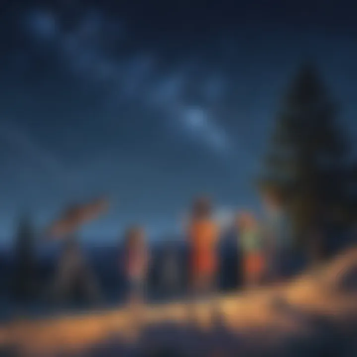 Children stargazing with telescopes under a clear night sky filled with stars.
