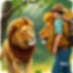 A zookeeper engaging with a lion in its habitat
