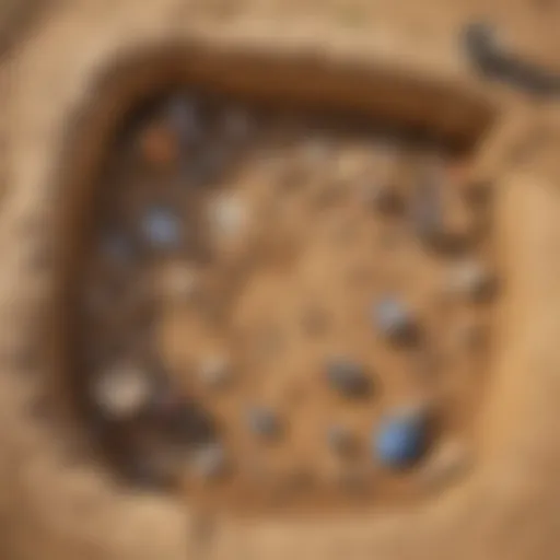 Aerial view of an archaeological dig site showcasing excavation tools and artifacts.
