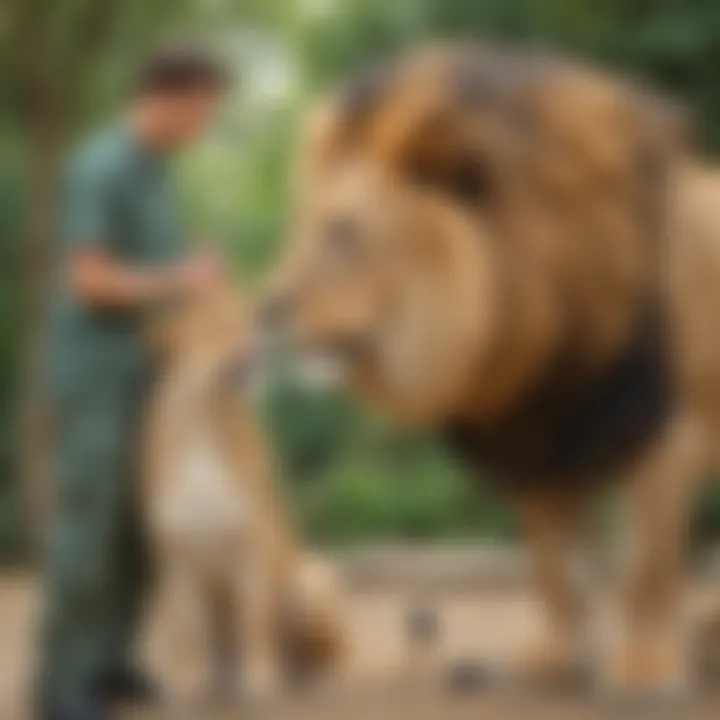 Zookeeper feeding a majestic lion