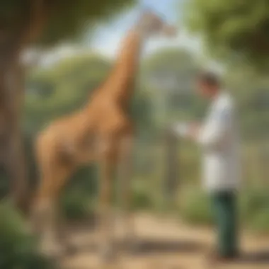 Zookeeper conducting health check on a giraffe