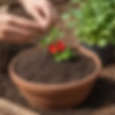 Close-up of soil and potting mix being prepared for flower planting