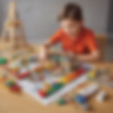 A colorful building set scattered across a table with a child engaged in construction.