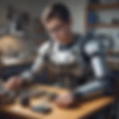 A young enthusiast assembling robot parts on a workspace.