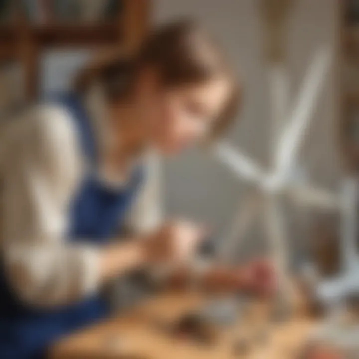 A young enthusiast carefully assembling parts of a wind generator