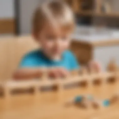 Young child building a miniature bridge with wooden blocks