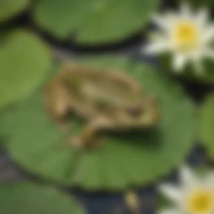 Fully grown adult frog camouflaged on a lily pad