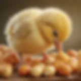 A close-up view of a chick pecking at food, highlighting nutritional needs.