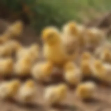 Chicks interacting with each other in a natural setting, illustrating social behaviors.