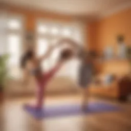 Couple practicing yoga together in living room