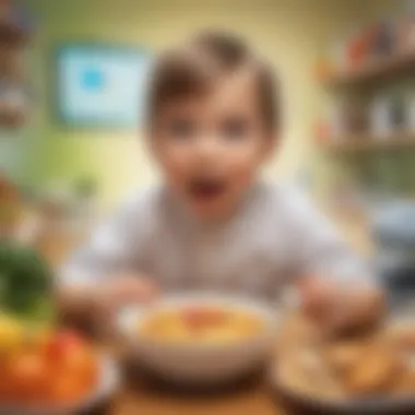 Illustration of a young child excitedly learning about food energy and nutrition through a virtual platform