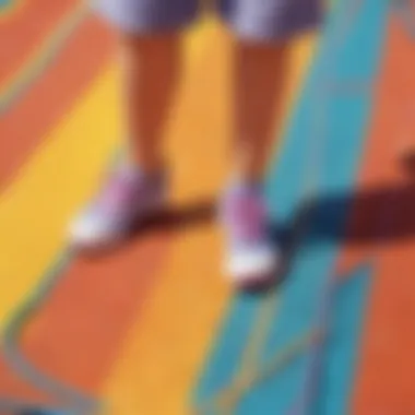 Close-up of child's feet skipping rope on colorful playground surface