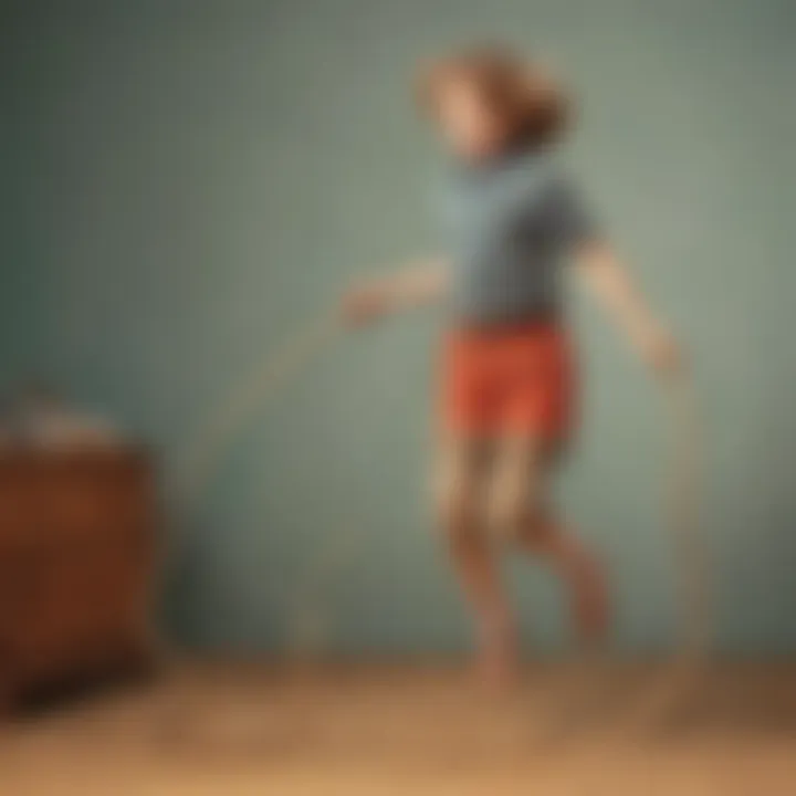 Child joyfully jumping over a handmade rope