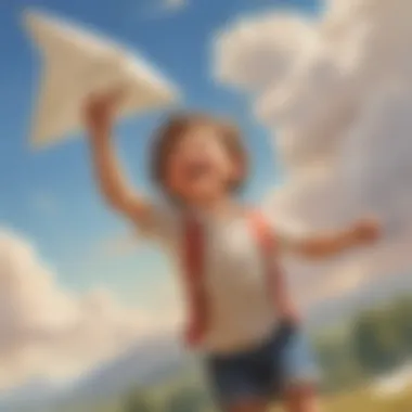 A child joyfully launching a paper airplane into the air