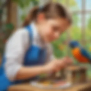 Child painting a homemade bird feeder with vibrant colors