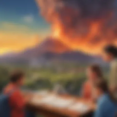 Group of children observing volcanic eruption in a school setting