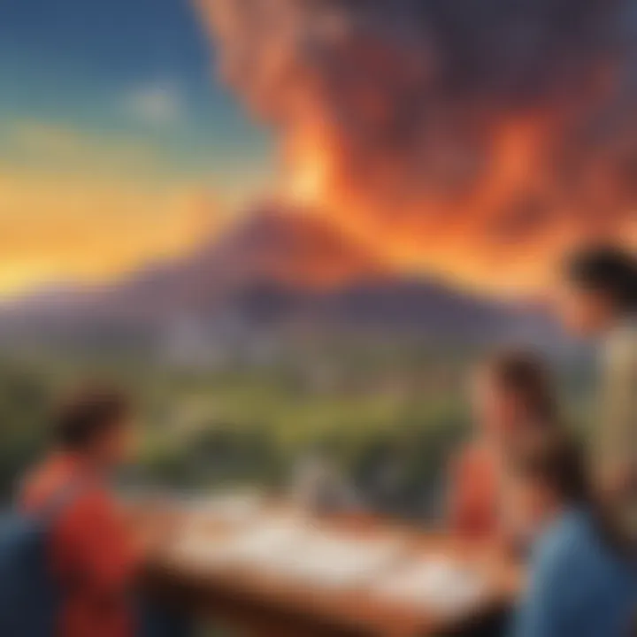 Group of children observing volcanic eruption in a school setting