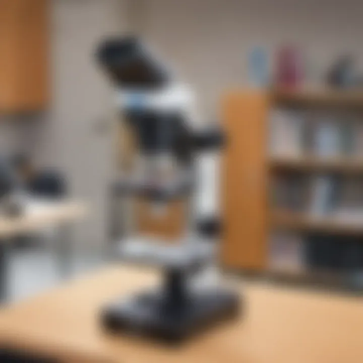 An educational microscope setup in a classroom environment, highlighting its features.