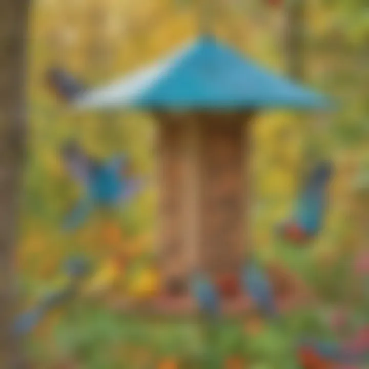 Colorful bird feeder attracting birds in a garden