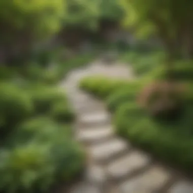 Zen garden with lush greenery and stone pathway