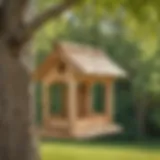 Crafted wooden bird feeder hanging in a tree