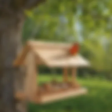 Wooden Bird Feeder Hanging in Nature Crafted wooden bird feeder hanging from a tree branch