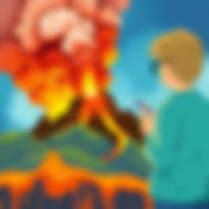 A young scientist observing volcanic eruption simulation