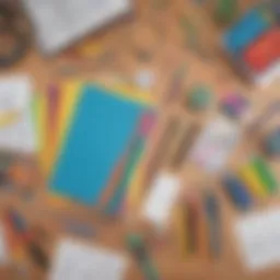 A vibrant array of colorful papers and drawing tools scattered on a creative workspace.