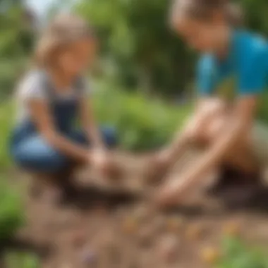 Kids planting seed bombs in a garden