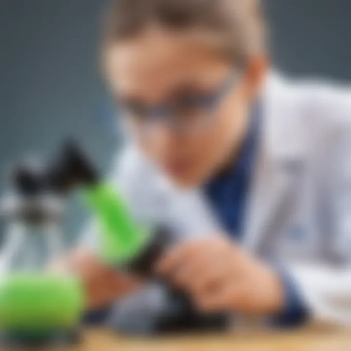 Excited young scientist observing slime transformation under a microscope