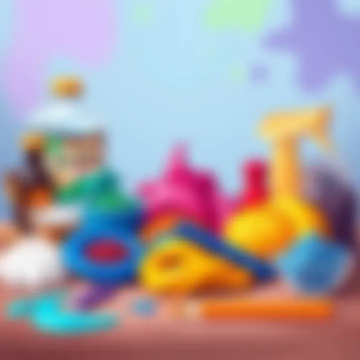 Vibrant colors of slime ingredients spread across a table