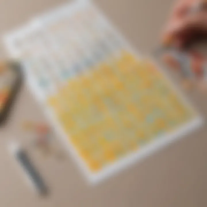 Materials needed for scratch-off cards laid out in an organized manner