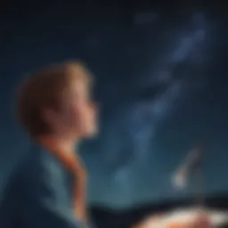 Illustration of a young scientist gazing at the night sky filled with stars