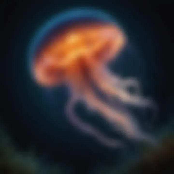 A vibrant bioluminescent jellyfish illuminating the dark ocean depths.
