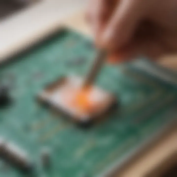 Detailed illustration of a soldering technique on a breadboard