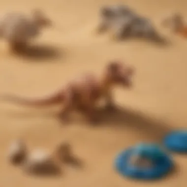 Detailed close-up of dinosaur figurines and sand textures on a Dino sand table.