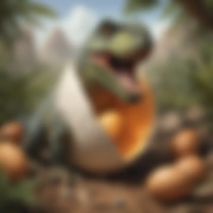 Illustration of Dinosaur Hatching from Egg in Prehistoric Times