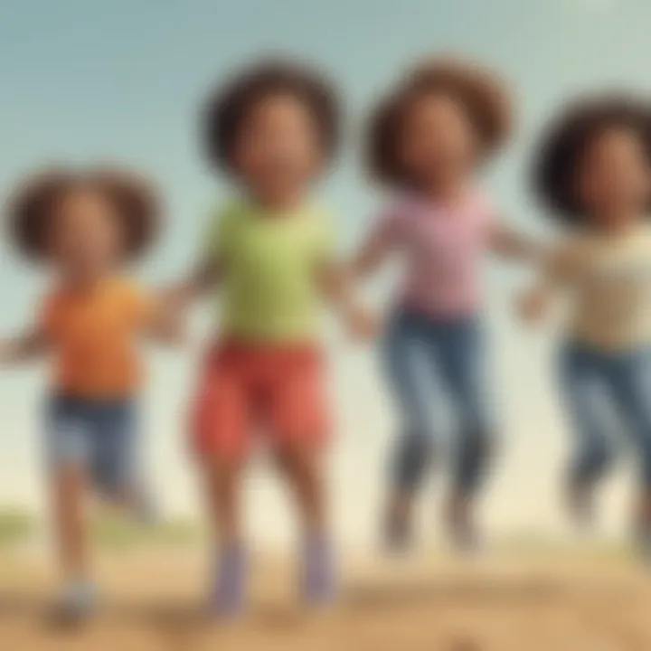 Group of diverse children smiling while jumping rope together