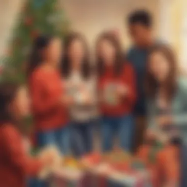 Group of diverse teenagers exchanging gifts and laughing, capturing the joy of holiday gifting