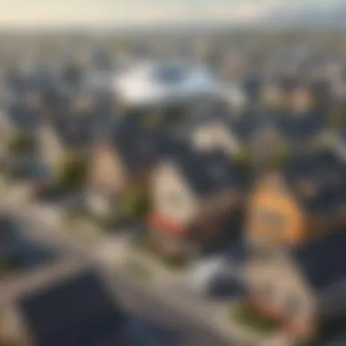 A futuristic delivery drone hovering over a suburban neighborhood, illustrating logistics advancements