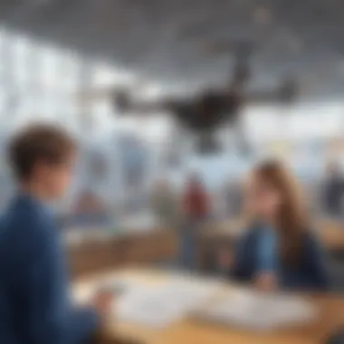 A young student engaging with a drone at a science fair, symbolizing educational exploration