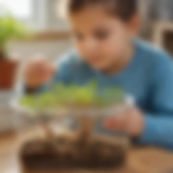 Close-up of a child observing plant roots in a clear container