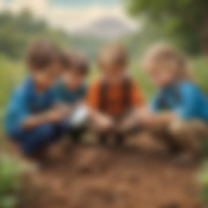 Group of children using magnifying glasses to study soil composition