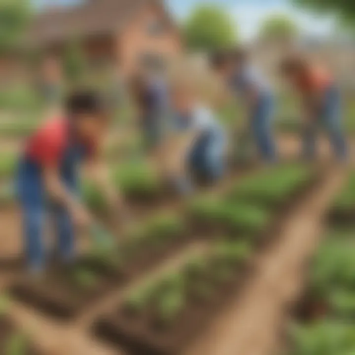 Kids excitedly watering newly planted seedlings in a community garden