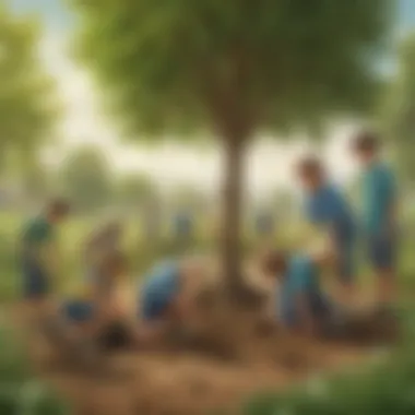 A group of children planting trees together.