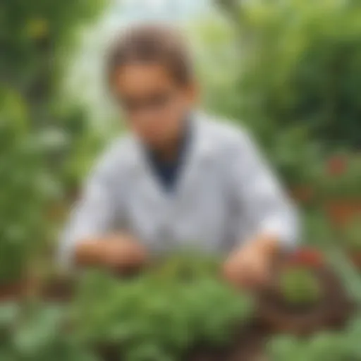 A young scientist examining plants in a garden.